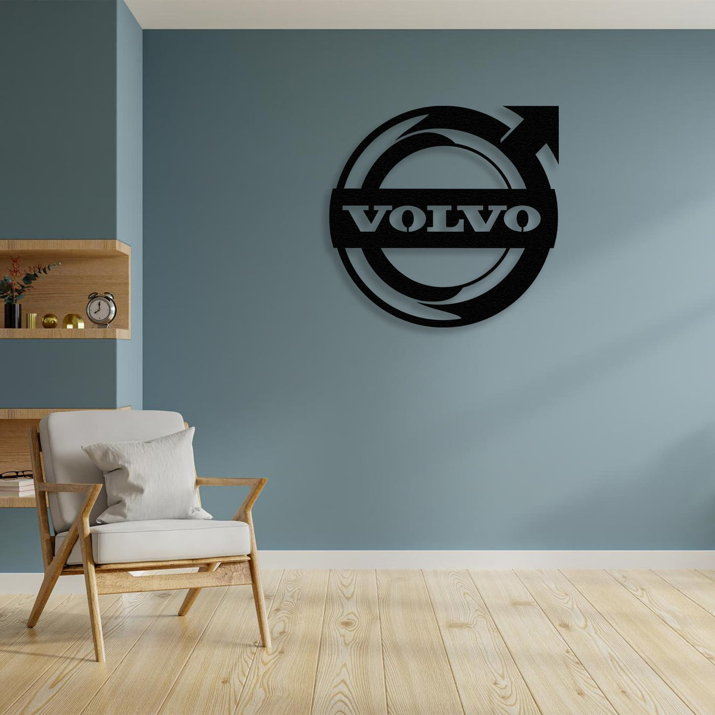 volvo metal wall art decor with blue wall