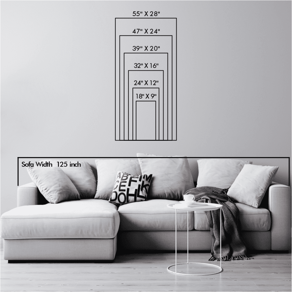 Size chart showing proportional dimensions of six frames, presented with a white sofa for scale reference.