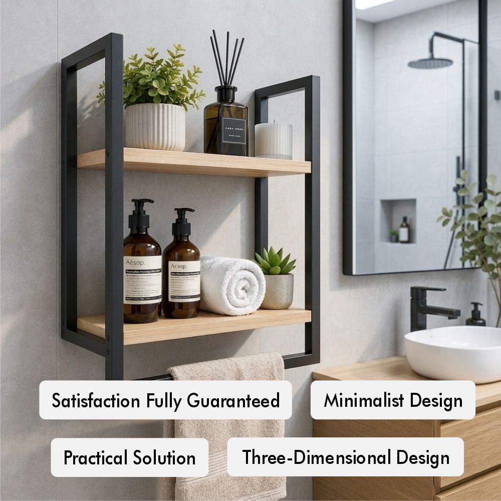 Wall mounted 2-tier bathroom shelf with towel bar benefits image showing minimalist design, practical solution, and three-dimensional design.
