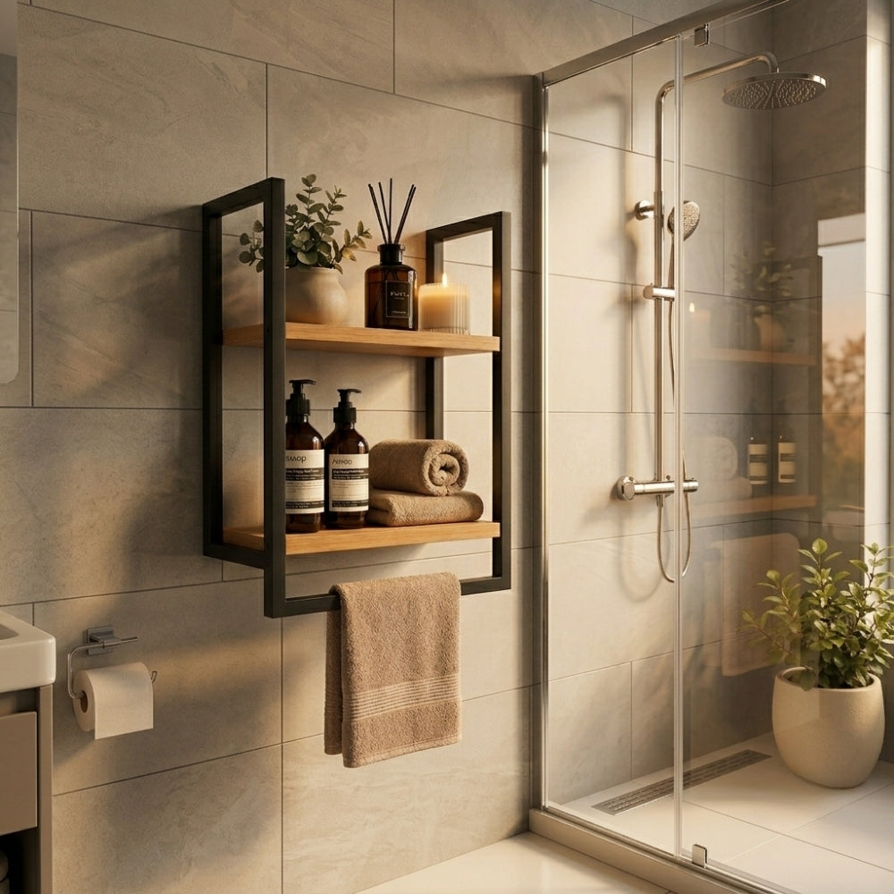 Black wall mounted 2-tier bathroom shelf with towel bar beside a shower in a modern bathroom.
