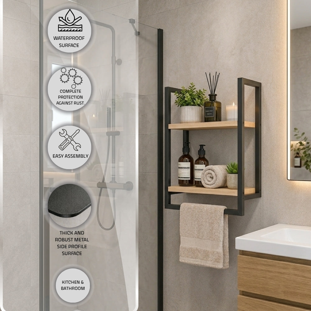 Wall mounted 2-tier bathroom shelf with towel bar feature image with waterproof surface, rust protection, easy assembly, thick metal side profile, and kitchen and bathroom use callouts.