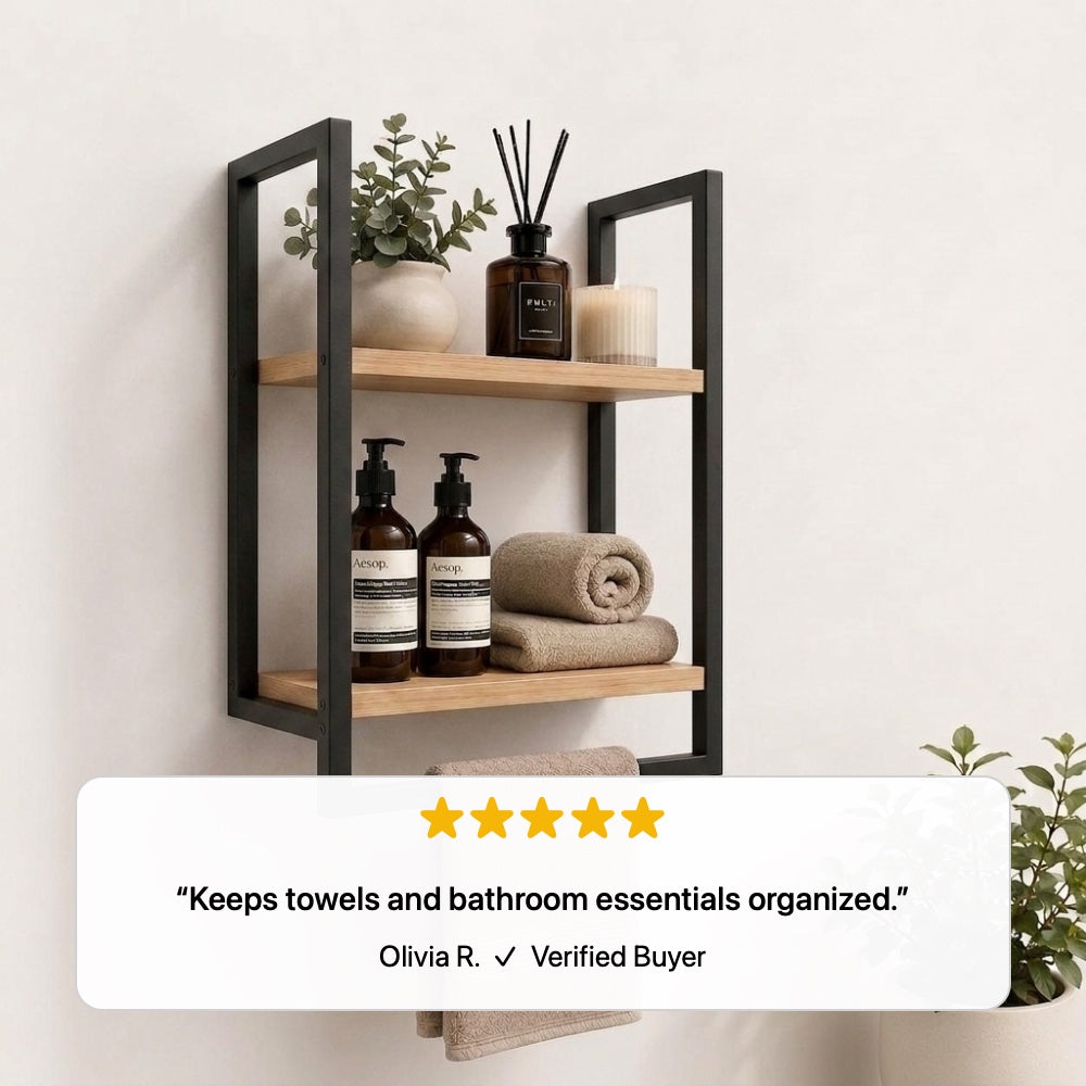 Five-star customer review from verified buyer Olivia R. saying the shelf keeps towels and bathroom essentials organized.