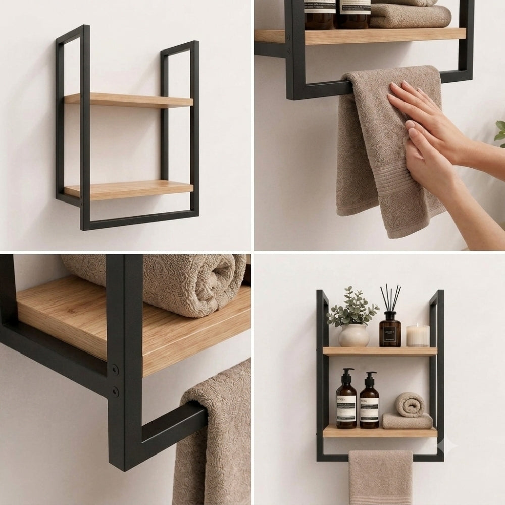 Detail collage for black wall mounted 2-tier bathroom shelf with towel bar showing shelves, towel bar, wall mounting, and wood-look shelf details.