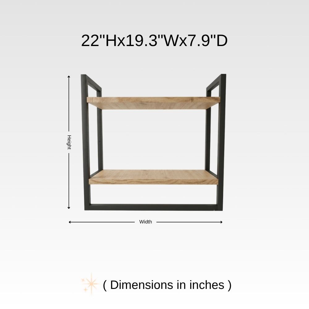 Dimension chart for wall mounted 2-tier bathroom shelf with towel bar showing 22 inch height, 19.3 inch width, and 7.9 inch depth.