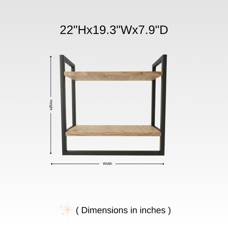 Dimension chart for wall mounted 2-tier bathroom shelf with towel bar showing 22 inch height, 19.3 inch width, and 7.9 inch depth.