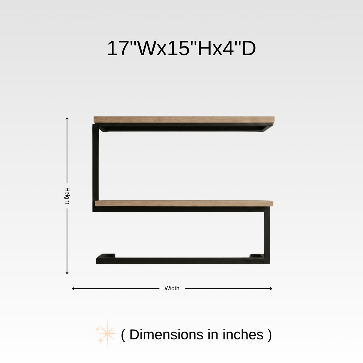 Dimension chart for wall mounted 2-tier towel shelf with towel bar showing 17 in W x 15 in H x 4 in D.