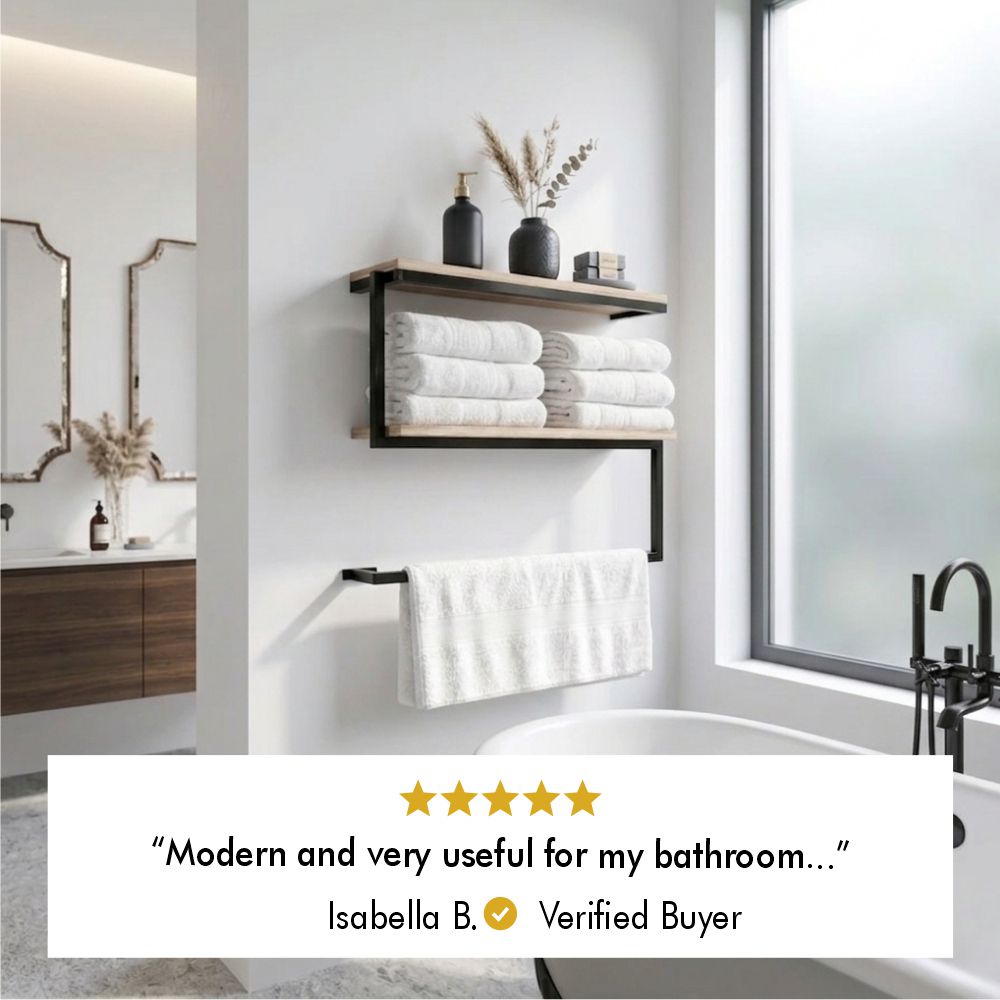 Five-star customer review from verified buyer Isabella B. saying the wall mounted towel shelf is modern and useful for the bathroom.