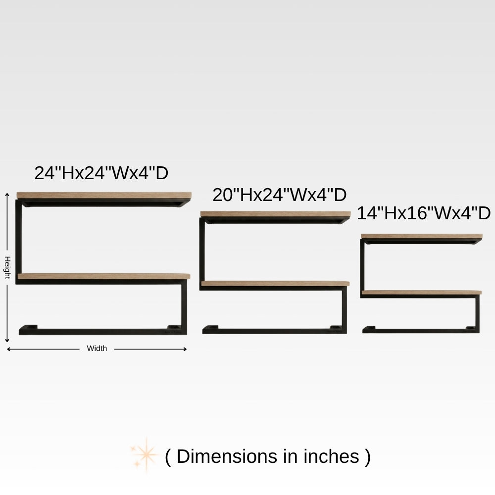 Dimension chart for wall mounted 2-tier towel shelf with towel bar showing 14 x 16 x 4, 20 x 24 x 4, and 24 x 24 x 4 inch size options.