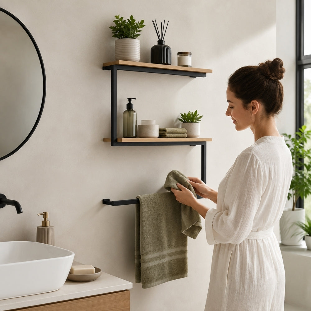 Black wall mounted 2-tier towel shelf with towel bar in a bright bathroom with towel and decor.