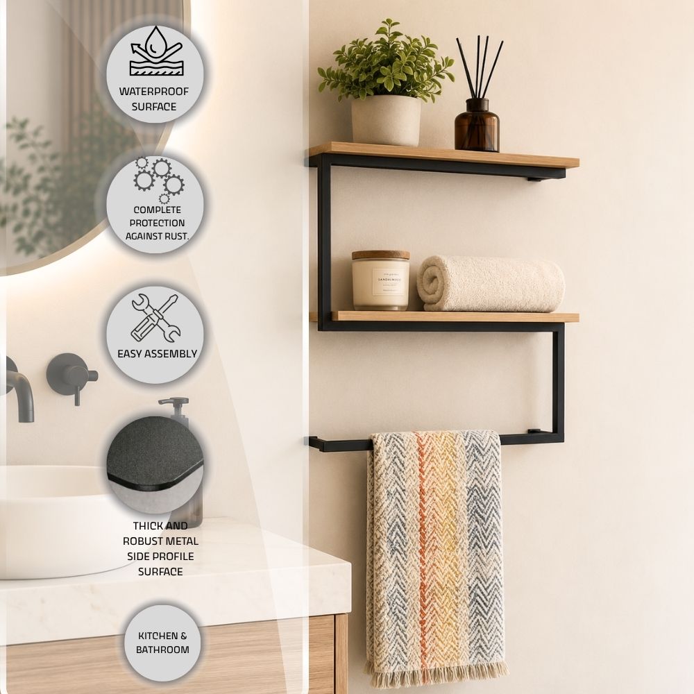 Wall mounted 2-tier towel shelf with towel bar feature image showing waterproof surface, rust protection, easy assembly, thick metal profile, and kitchen and bathroom use.