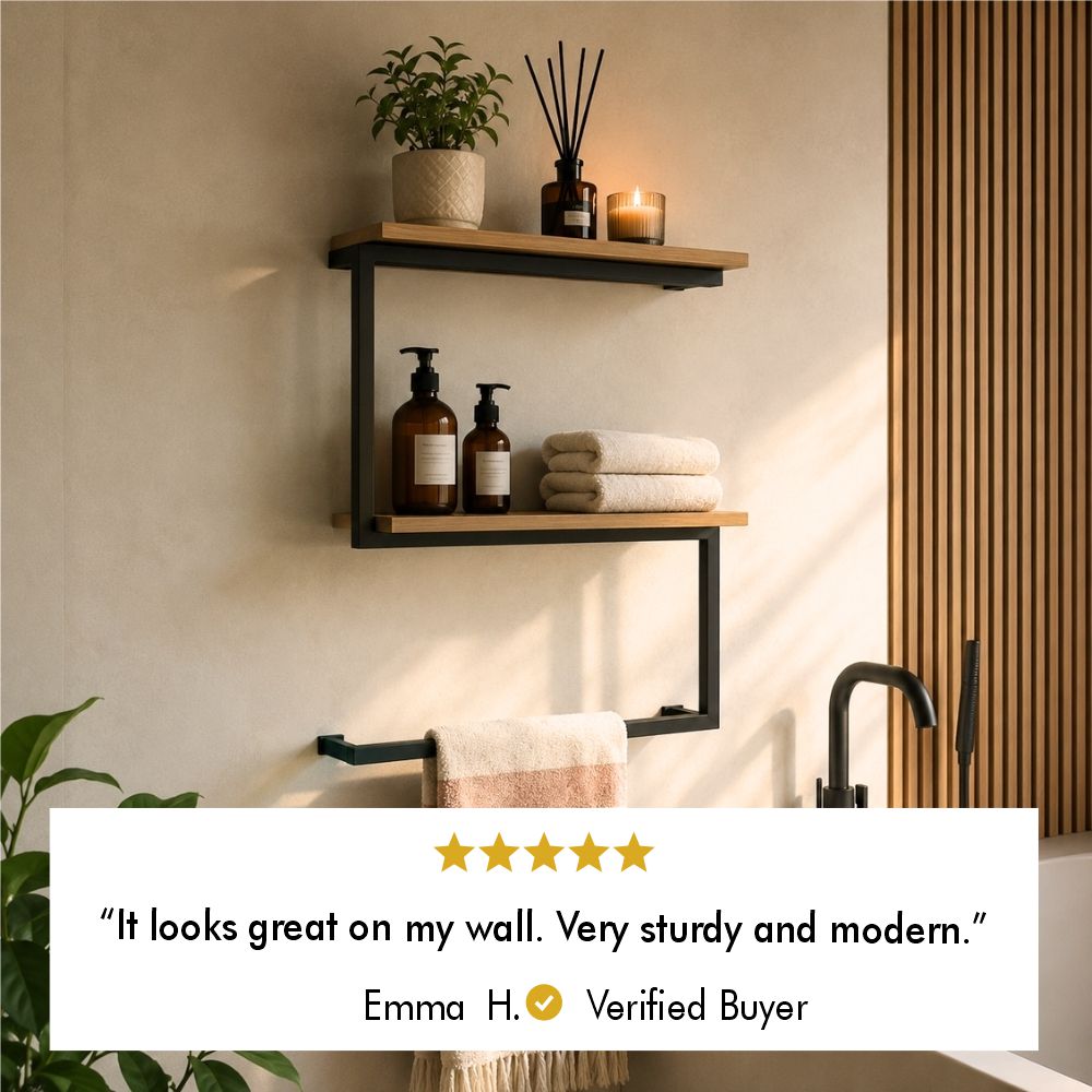 Five-star customer review from verified buyer Emma H. saying the wall shelf looks sturdy and modern.