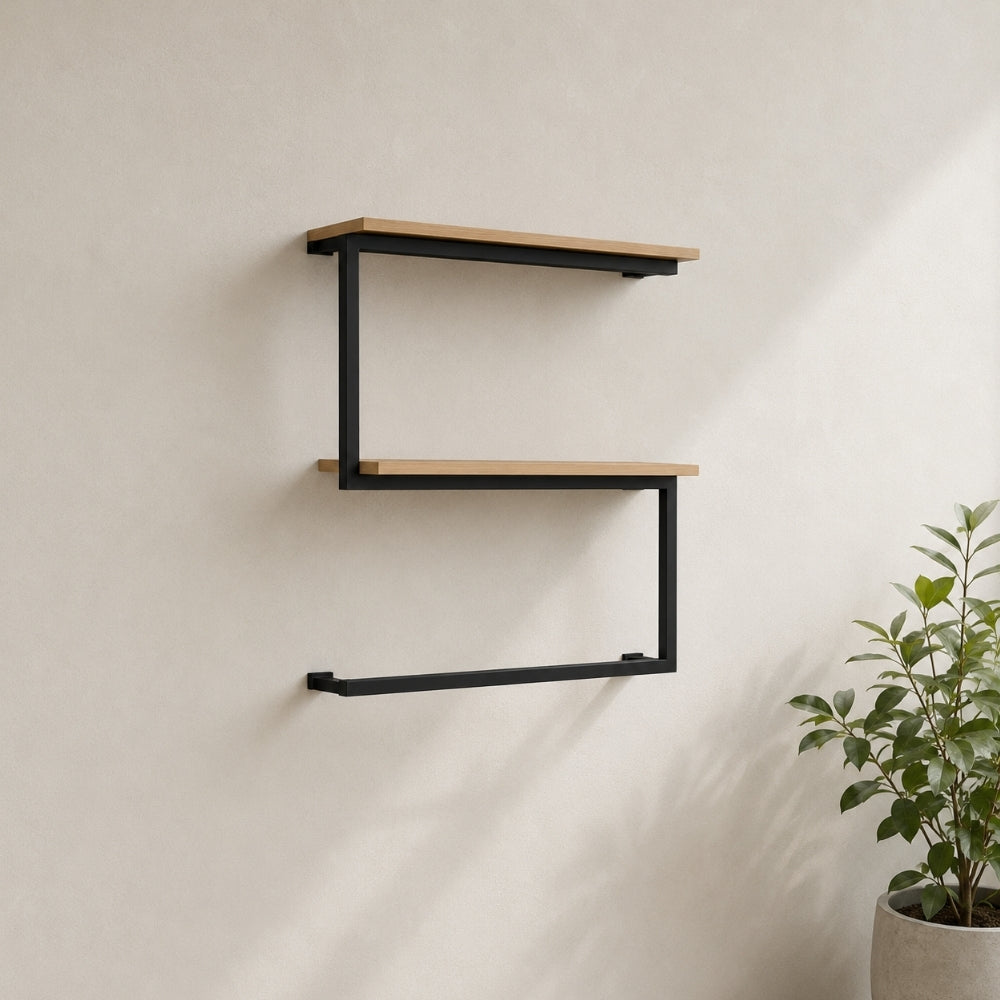 Black wall mounted 2-tier towel shelf with towel bar shown empty to display the frame, shelves, and towel bar detail.
