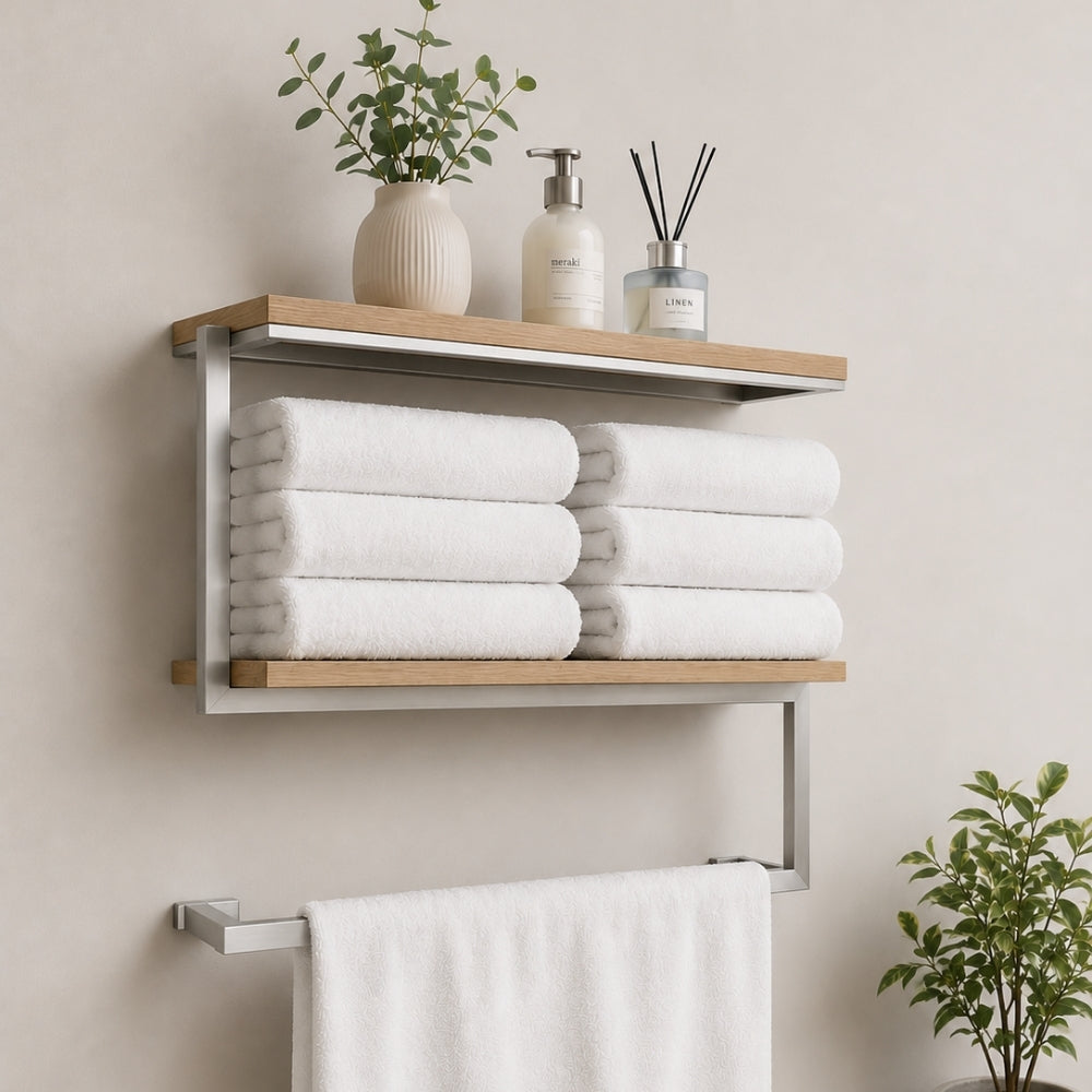 Satin nickel wall mounted 2-tier towel shelf with towel bar holding folded towels and bathroom decor.