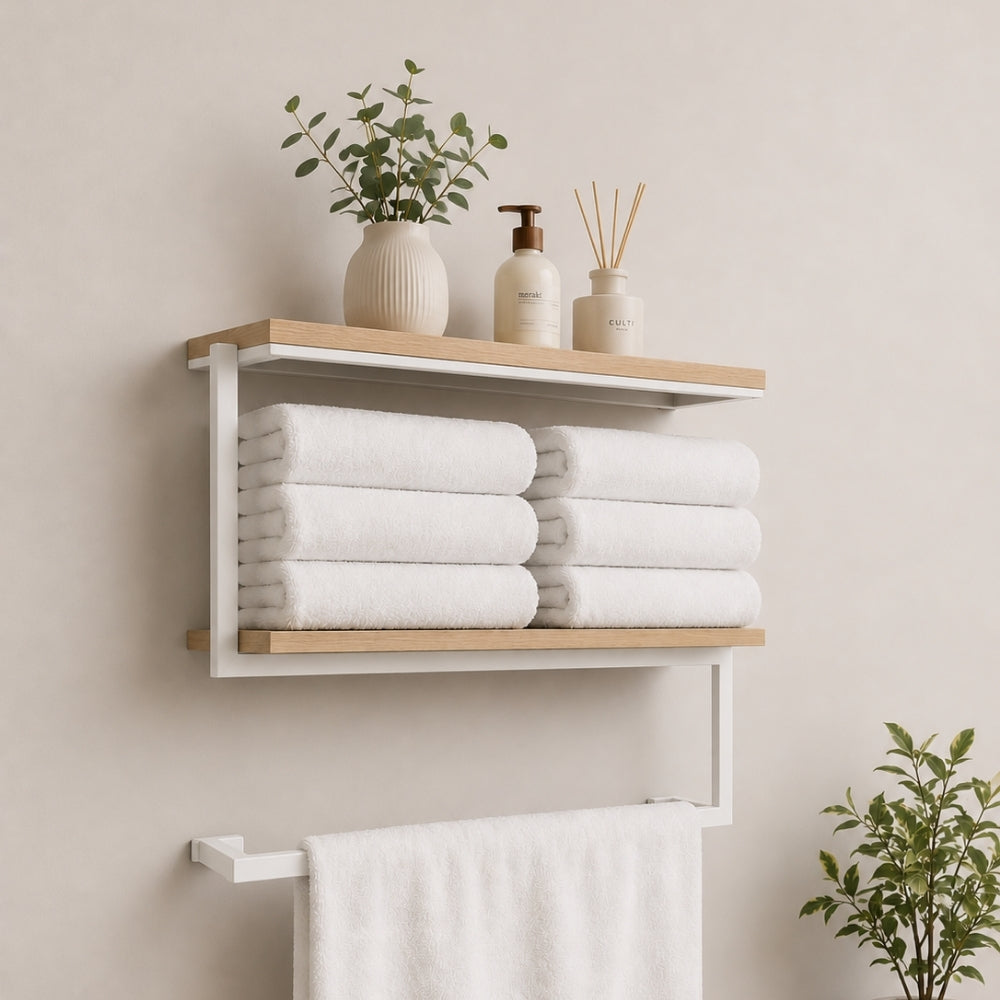 White wall mounted 2-tier towel shelf with towel bar holding folded towels and bathroom decor.