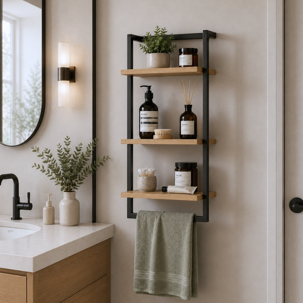 Black wall mounted 3-tier bathroom shelf with towel bar and wood-look shelves beside a modern vanity.