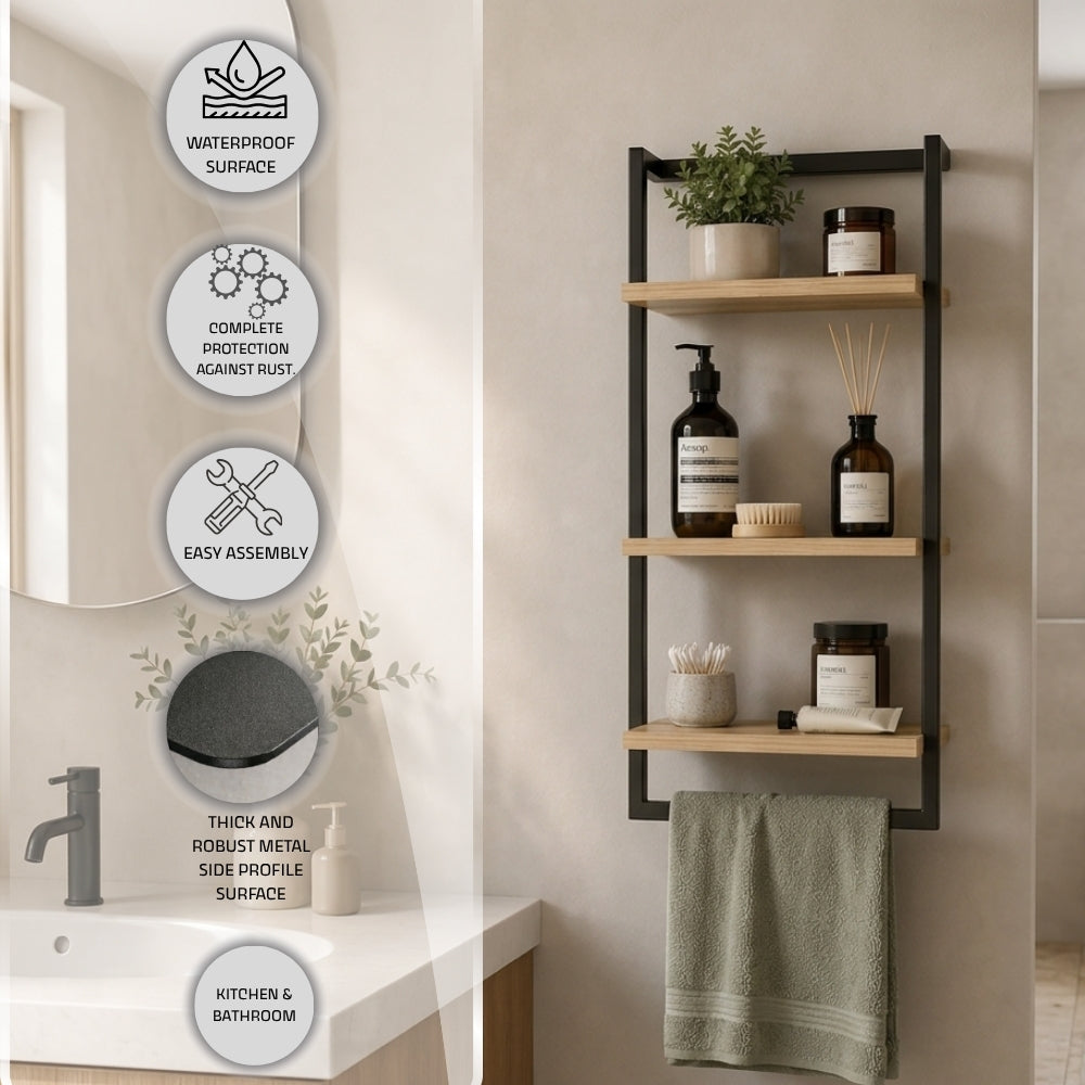 Wall mounted 3-tier bathroom shelf towel bar feature image with water-resistant surface, rust resistance, easy assembly, thick metal side profile, and kitchen and bathroom use callouts.