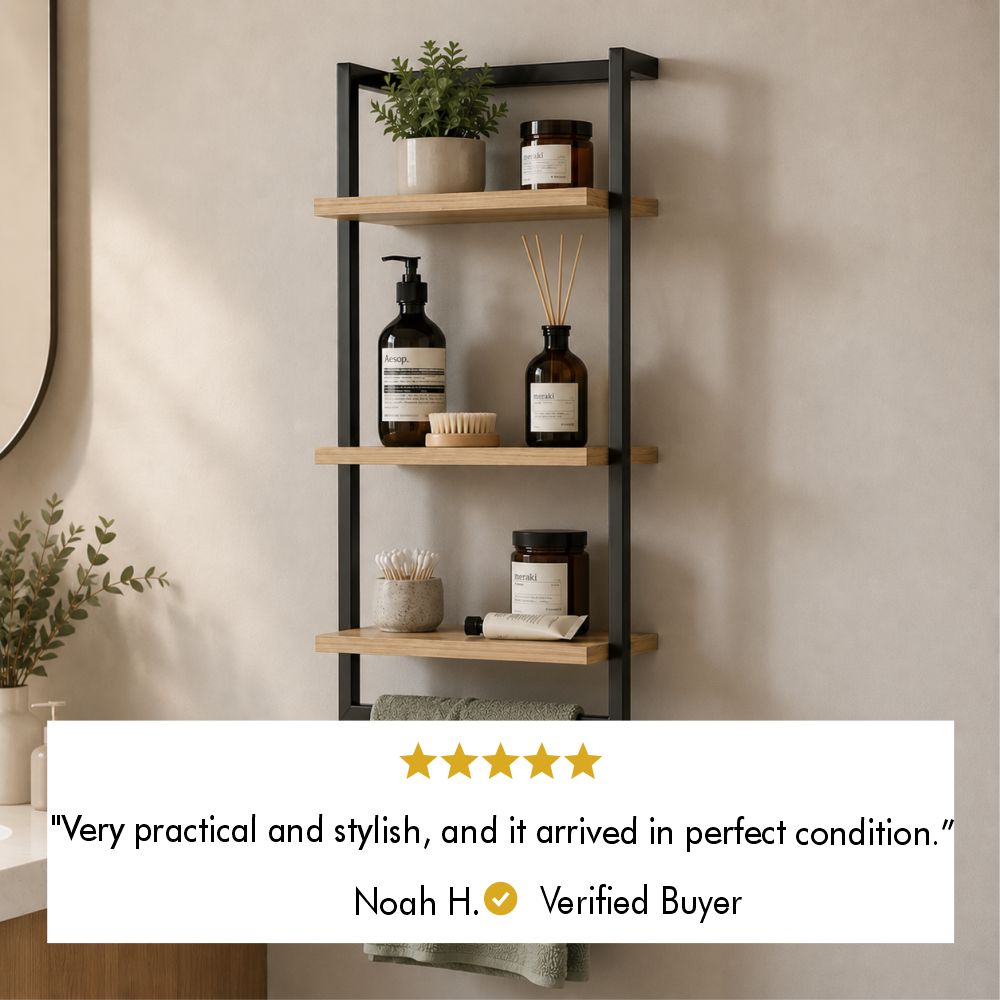 Five-star customer review from verified buyer Noah H. saying the bathroom shelf towel bar is practical, stylish, and arrived in perfect condition.