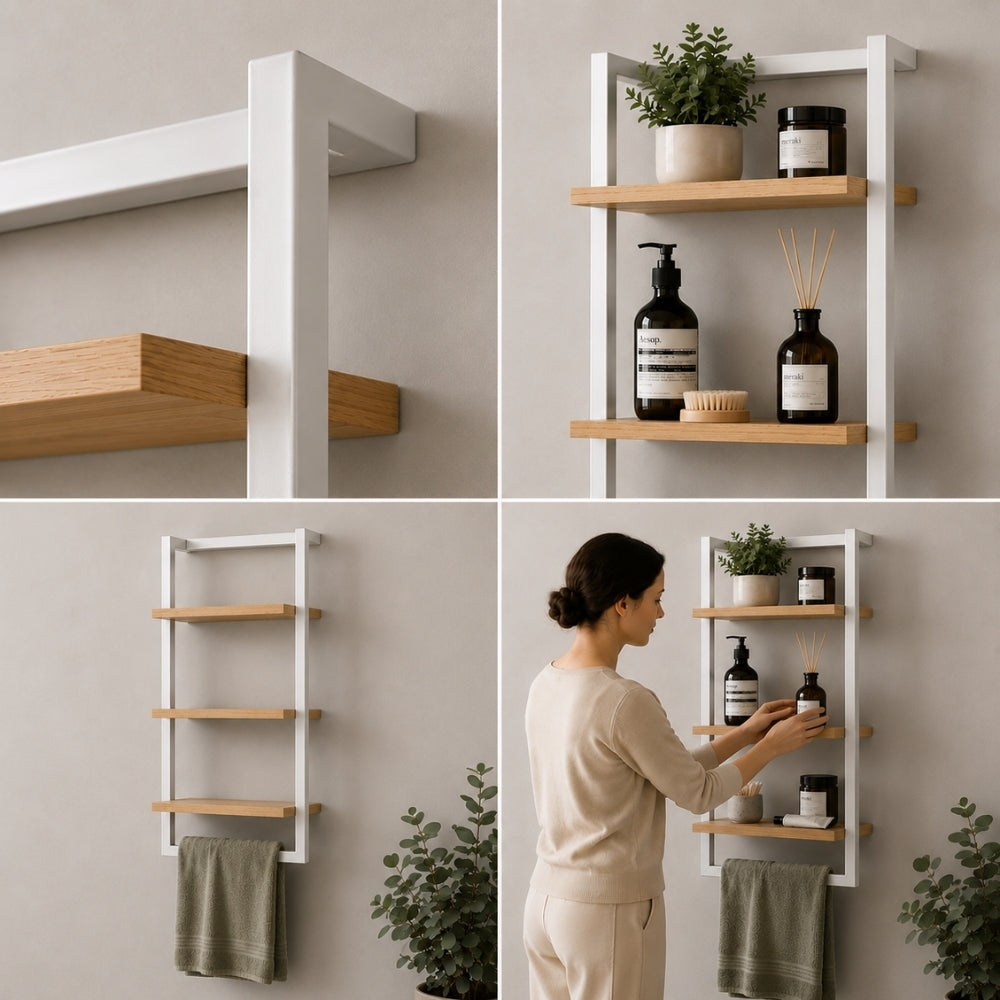Detail collage for wall mounted 3-tier bathroom shelf with towel bar showing metal frame, wood-look shelves, wall mounting, and bathroom use.