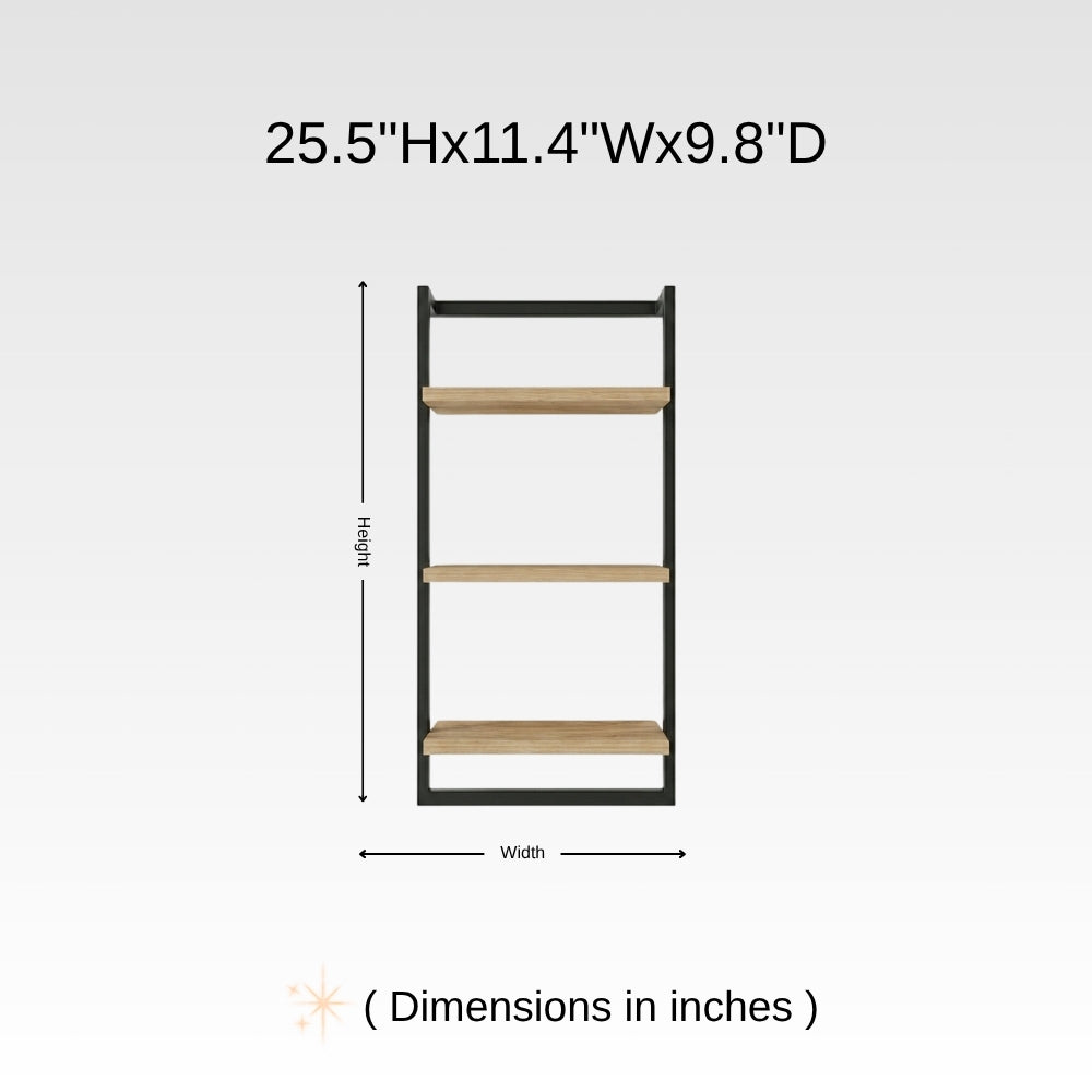 Dimension chart for wall mounted 3-tier bathroom shelf with towel bar showing 25.5 inch height, 11.4 inch width, and 9.8 inch depth.