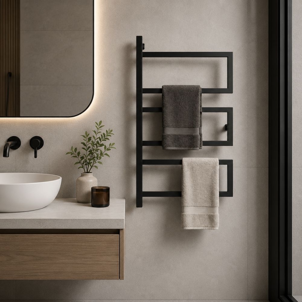 Black wall mounted 3-tier towel rack with towels in a modern bathroom beside a lit mirror and vanity.