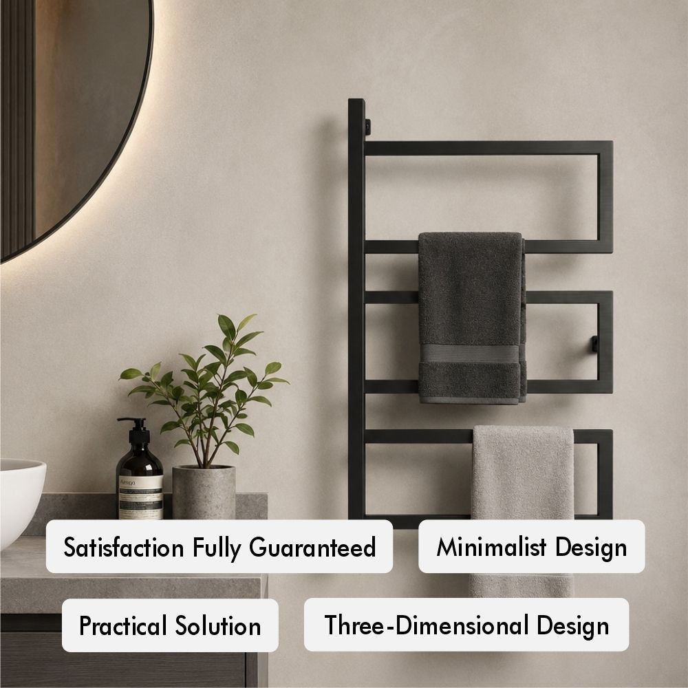 Wall mounted 3-tier towel rack feature image with satisfaction guaranteed, minimalist design, practical solution, and three-dimensional design callouts.