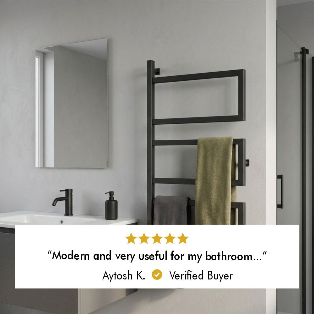 Five-star customer review from verified buyer Aytosh K. saying the towel rack is modern and very useful for the bathroom.