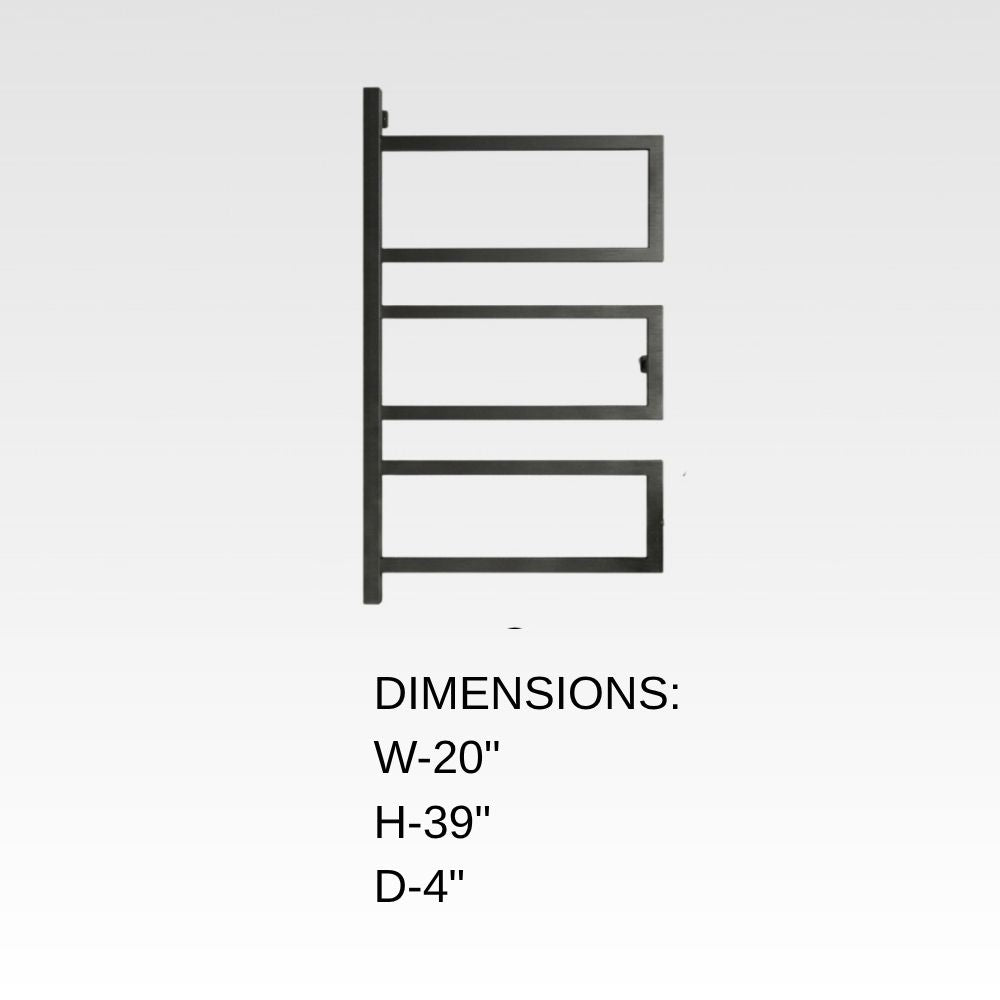 Dimension chart for wall mounted 3-tier towel rack showing 20 inch width, 39 inch height, and 4 inch depth.