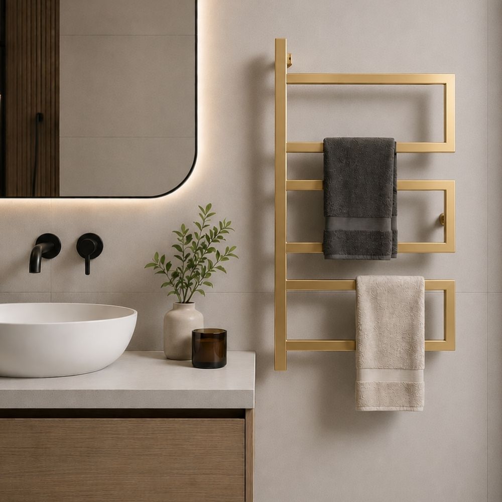 Gold wall mounted 3-tier towel rack holding gray and cream towels beside a modern bathroom vanity.