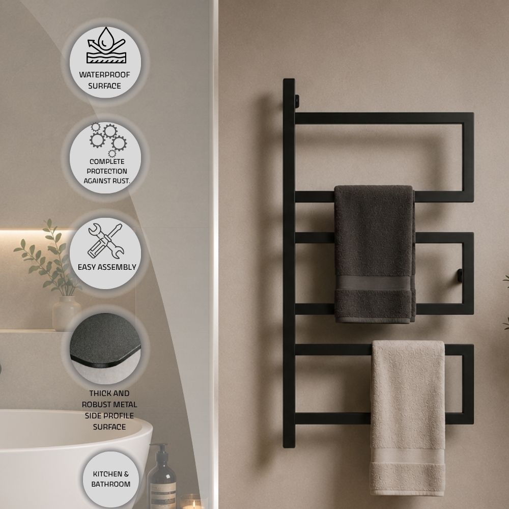Wall mounted 3-tier towel rack callout image showing indoor moisture-resistant surface, rust-resistant finish, easy assembly, and robust metal profile.