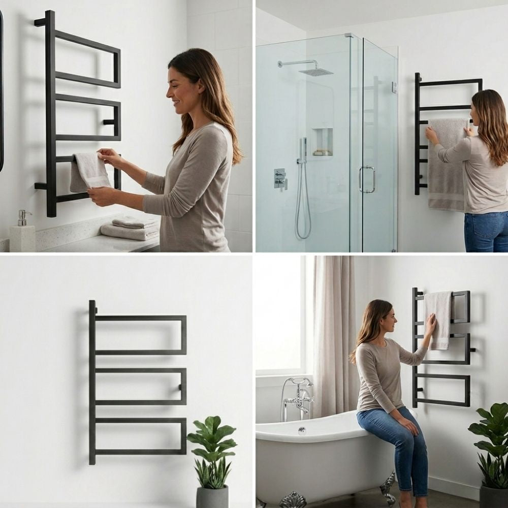 Usage detail collage showing a black wall mounted 3-tier towel rack installed near a shower and bathtub.