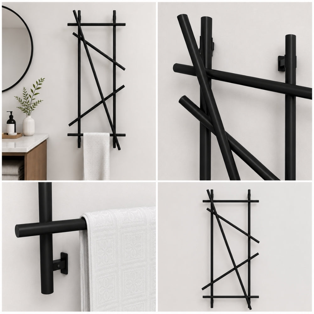 Detail collage for black wall mounted branch towel rack and coat rack showing metal bars, wall brackets, towel placement, and full frame.