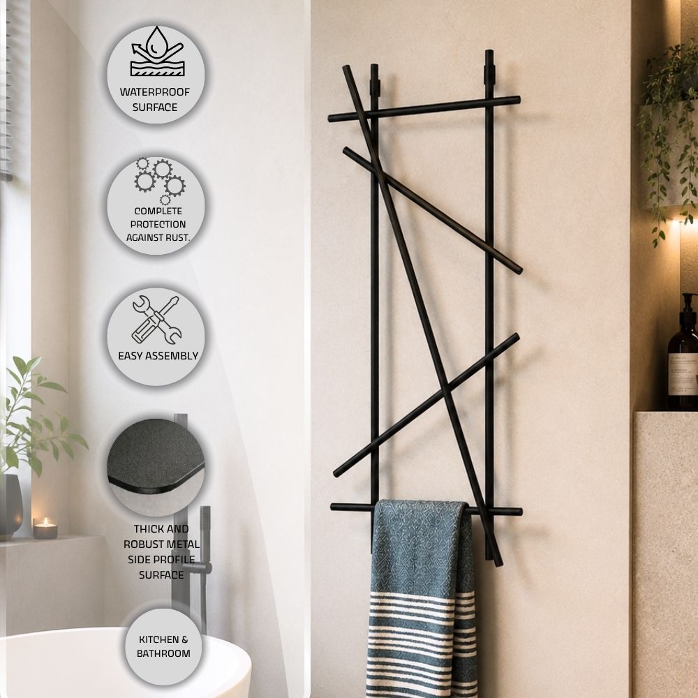 Wall mounted branch towel rack and coat rack feature image with waterproof surface, rust protection, easy assembly, thick metal profile, and kitchen and bathroom use callouts.