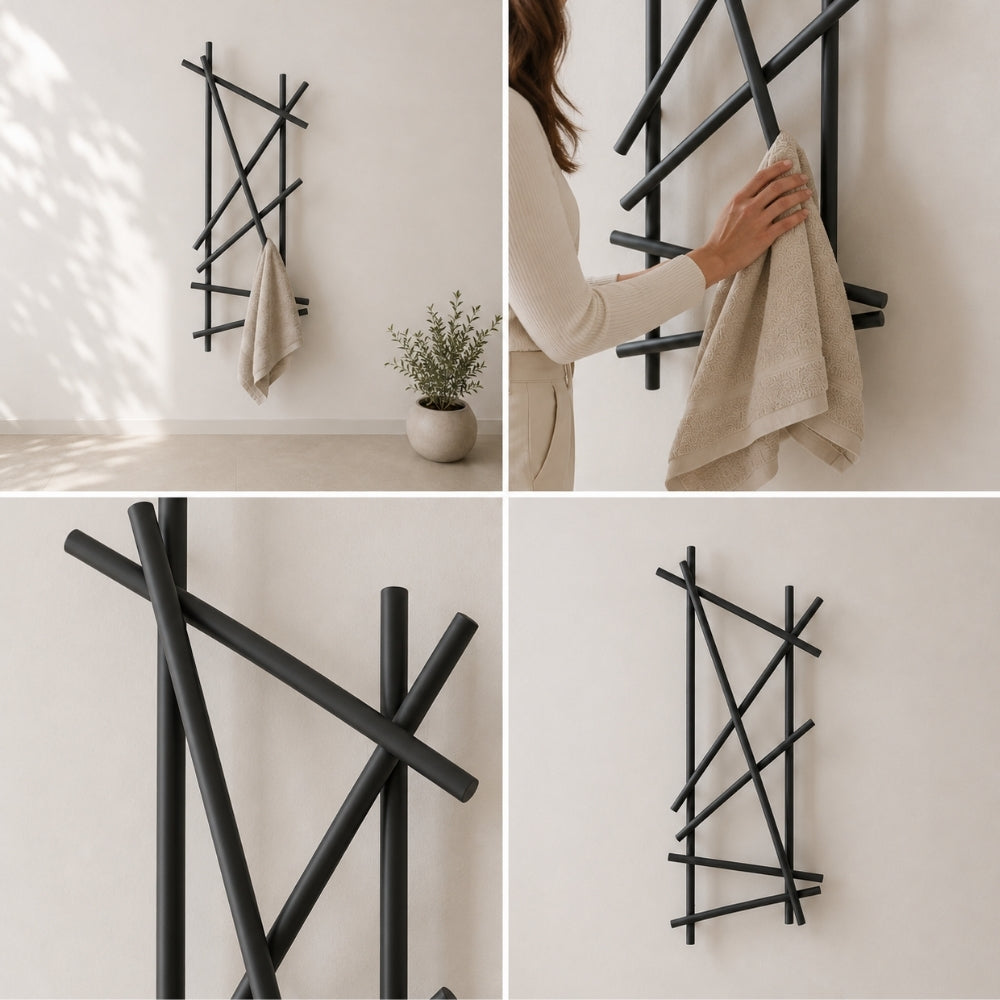Detail collage for black wall mounted branch towel rack showing towel placement, angled bars, and metal frame detail.