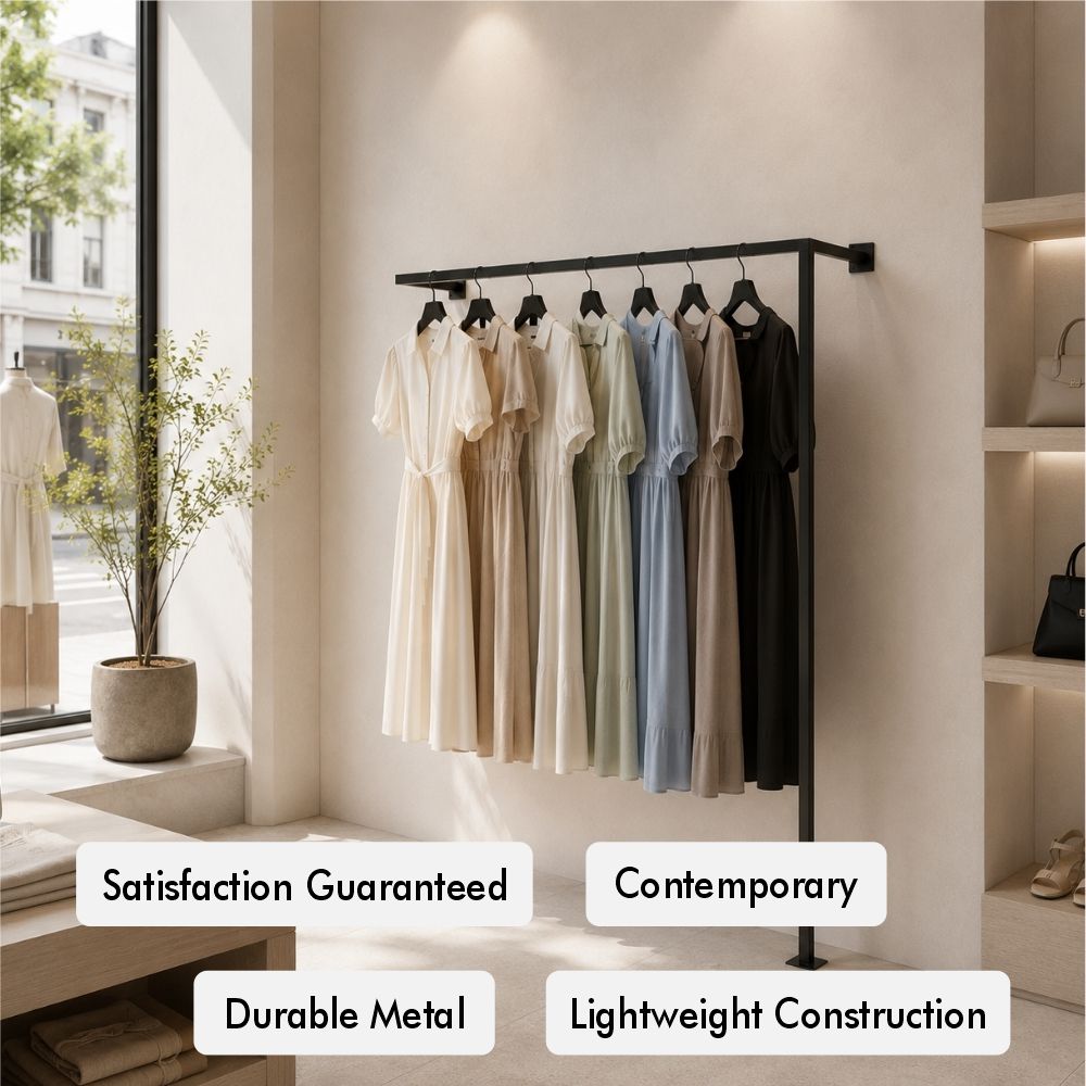 Wall mounted clothing rack benefits image showing contemporary design, durable metal, lightweight construction, and satisfaction guaranteed.
