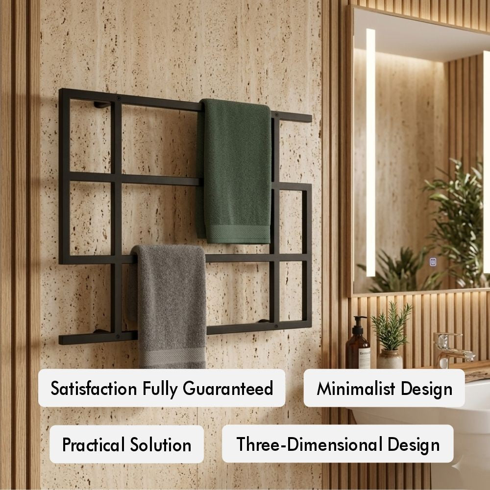 Wall mounted geometric towel rack feature image with satisfaction guaranteed, minimalist design, practical solution, and three-dimensional design callouts.