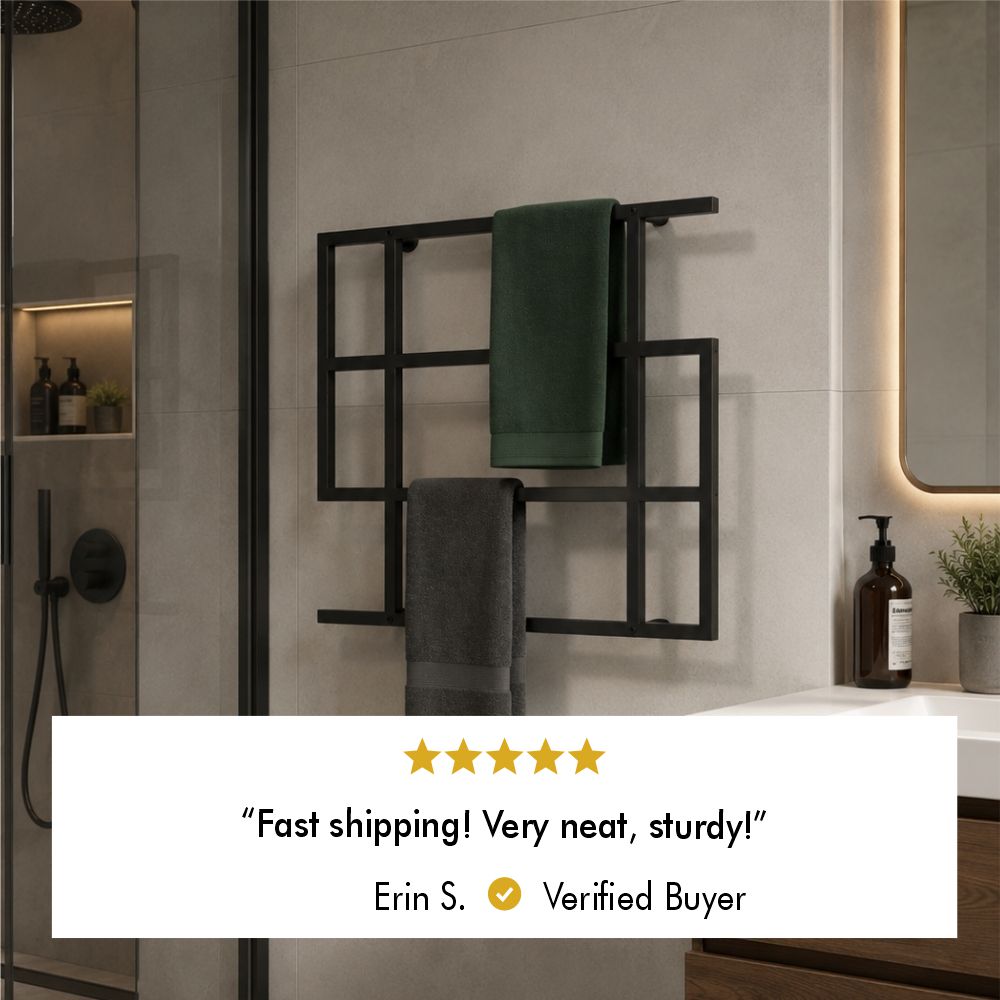 Five-star customer review from verified buyer Erin S. saying the towel rack is fast shipping, very neat, and sturdy.