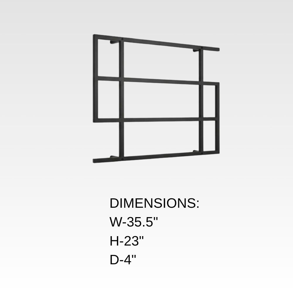 Dimension chart for wall mounted geometric towel rack showing 35.5 inch width, 23 inch height, and 4 inch depth.