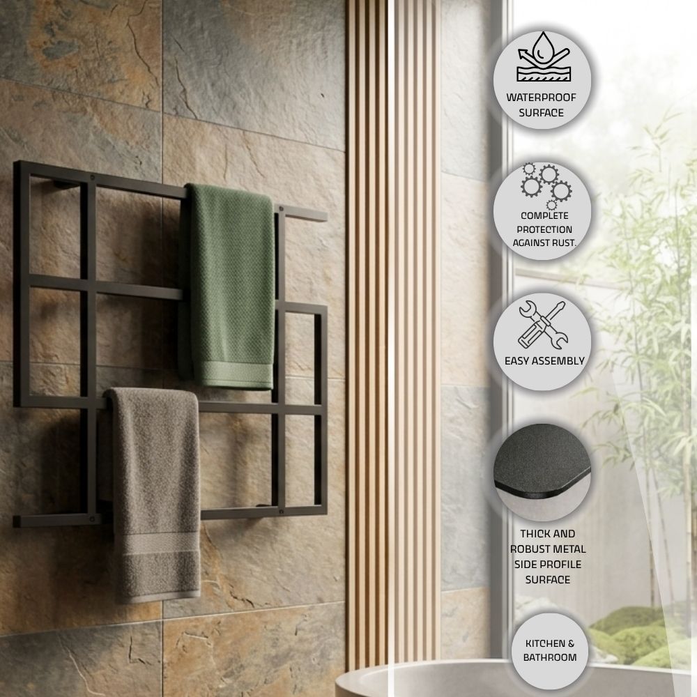 Detail feature image for wall mounted geometric towel rack showing water-resistant surface, moisture-resistant coating, easy assembly, metal surface, and aesthetic appearance.