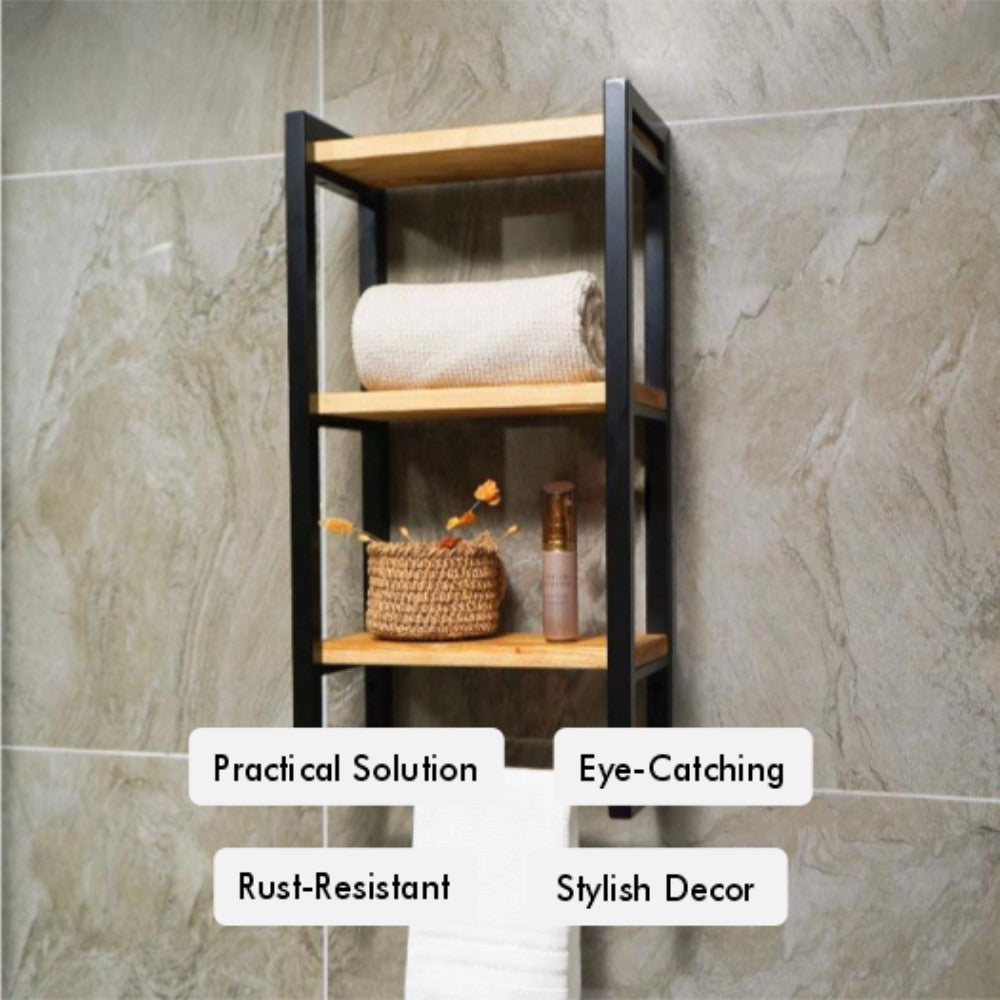 Wall-mounted bathroom storage rack featuring three wooden shelves with a black metal frame, offering practical and stylish towel storage.