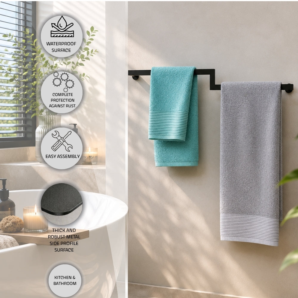 Wall mounted offset double towel bar feature image with water-resistant surface, corrosion protection, easy assembly, thick sturdy metal structure, and aesthetic appearance callouts.