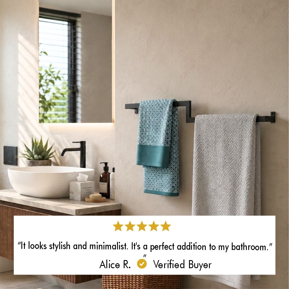 Five-star customer review from verified buyer Alice R. saying the offset double towel bar looks stylish and minimalist.