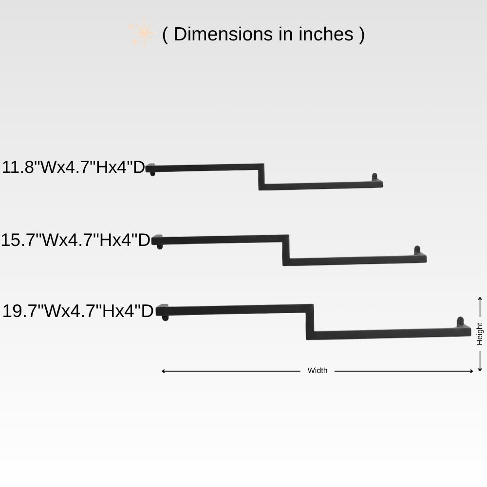 Dimension chart for wall mounted offset double towel bar showing 11.8, 15.7, and 19.7 inch width options with 4.7 inch height and 4 inch depth.