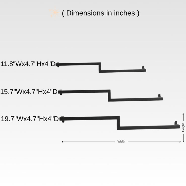 Dimension chart for wall mounted offset double towel bar showing 11.8, 15.7, and 19.7 inch width options with 4.7 inch height and 4 inch depth.
