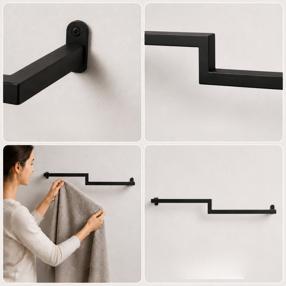 Installation detail collage for black wall mounted offset double towel bar showing wall mount, stepped bar form, and towel placement.