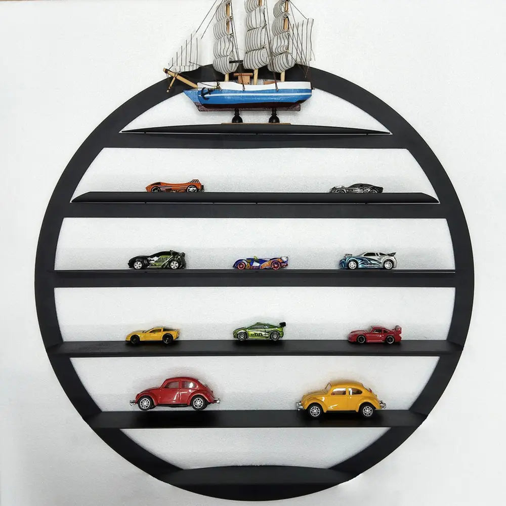 Round metal display shelf for 1/64 model cars with custom nameplate