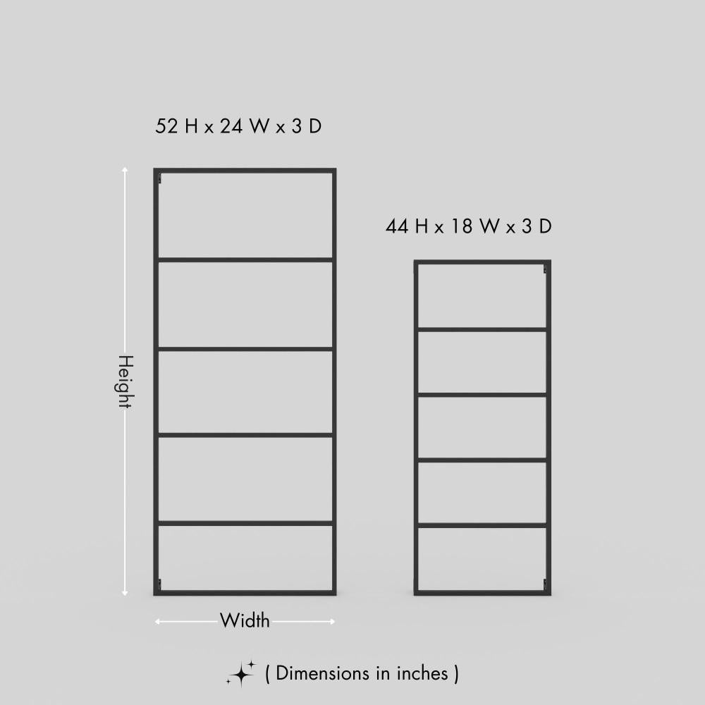Dimensions of two wall-mounted 6-tier towel holders, with the larger one measuring 52 inches in height, 24 inches in width, and 3 inches in depth, and the smaller one measuring 44 inches in height, 18 inches in width, and 3 inches in depth.. This diagram is labelled in inches; centimetre values are shown beside the image.