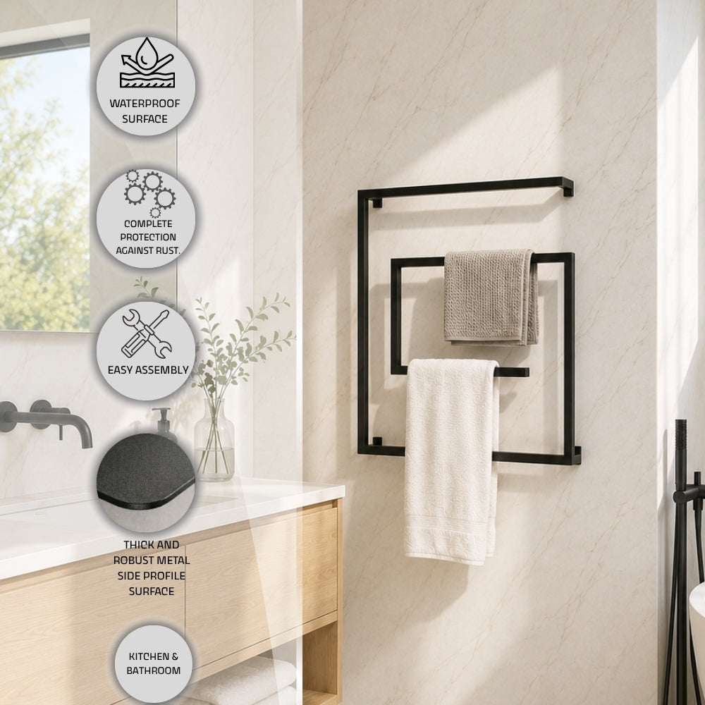 Wall mounted square swivel towel rack feature image with water-resistant surface, corrosion protection, easy assembly, thick sturdy metal structure, and aesthetic appearance callouts.