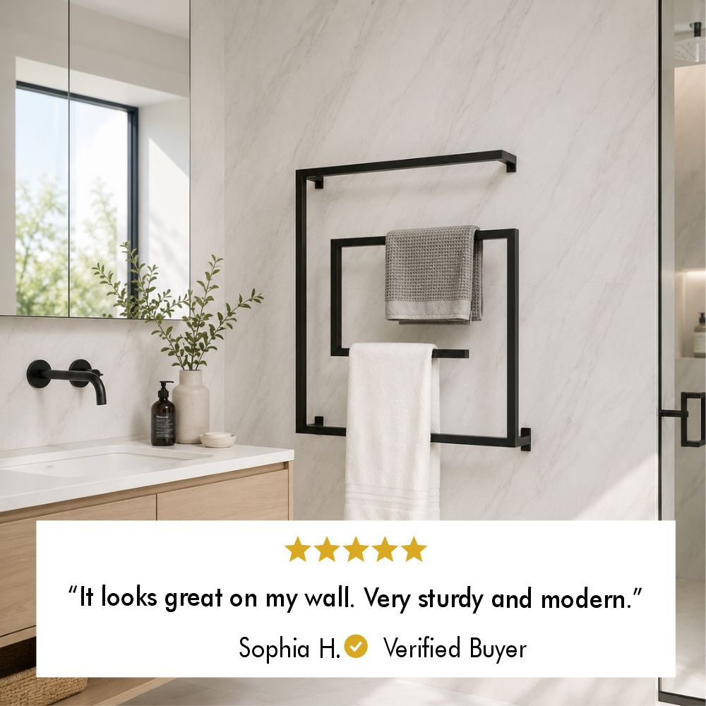 Five-star customer review from verified buyer Sophia H. saying the square towel rack looks great on the wall and feels sturdy and modern.