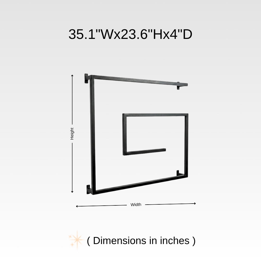 Dimension chart for wall mounted square swivel towel rack showing 35.1 inch width, 23.6 inch height, and 4 inch depth.. This diagram is labelled in inches; centimetre values are shown beside the image.