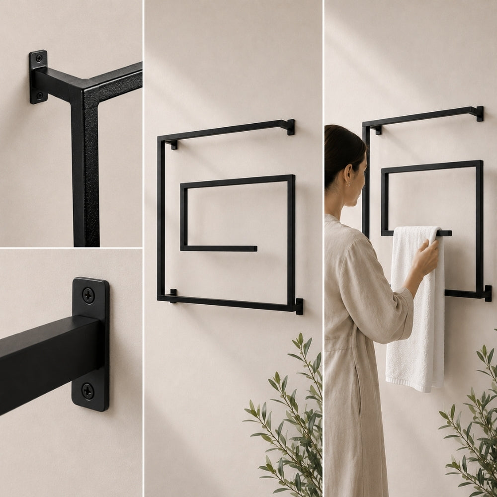 Installation detail collage for black wall mounted square swivel towel rack showing wall mounts, metal frame, and towel placement.
